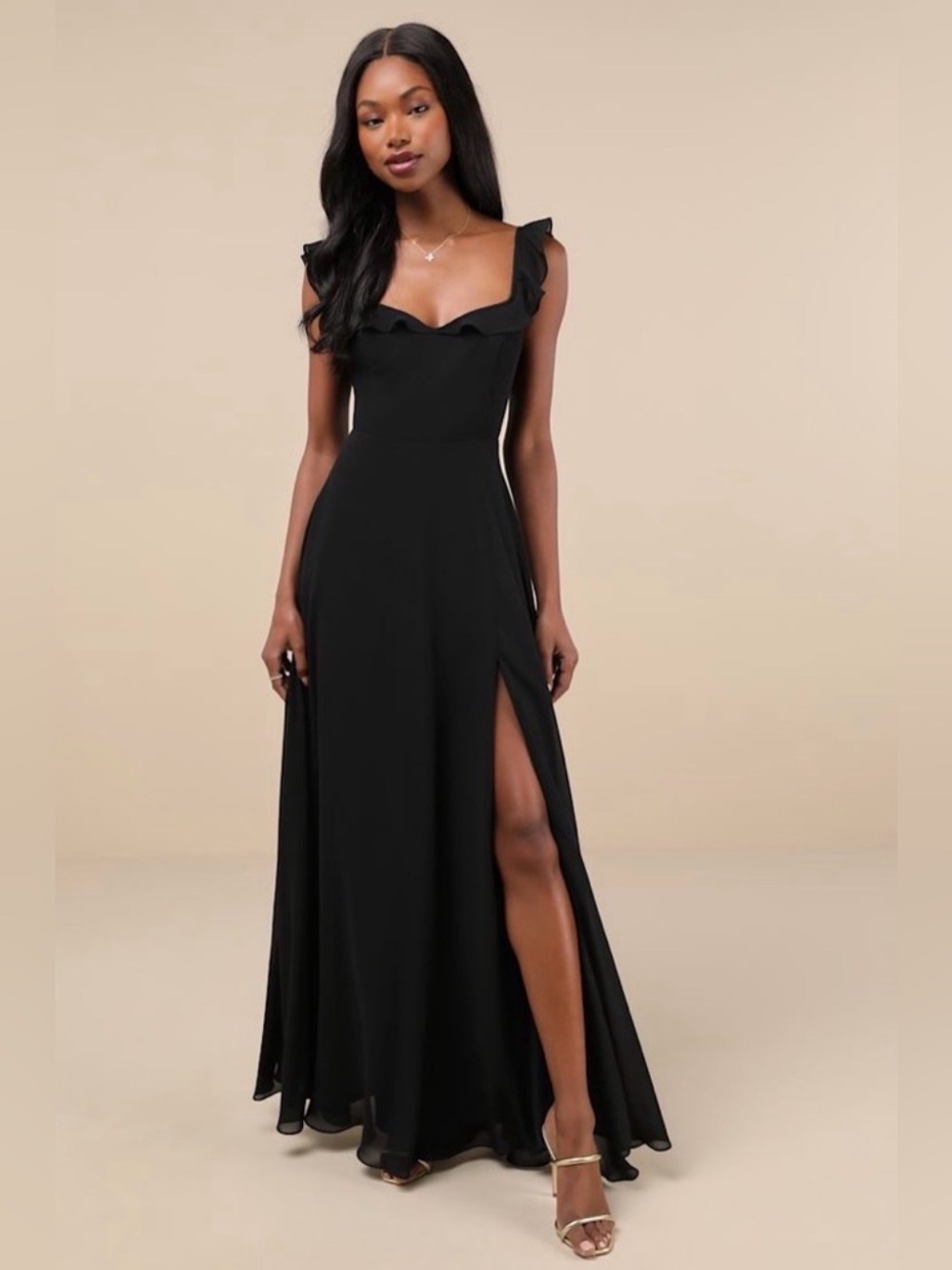 NWT Lulus Dreamy Admiration
Black Ruffled Maxi Dress